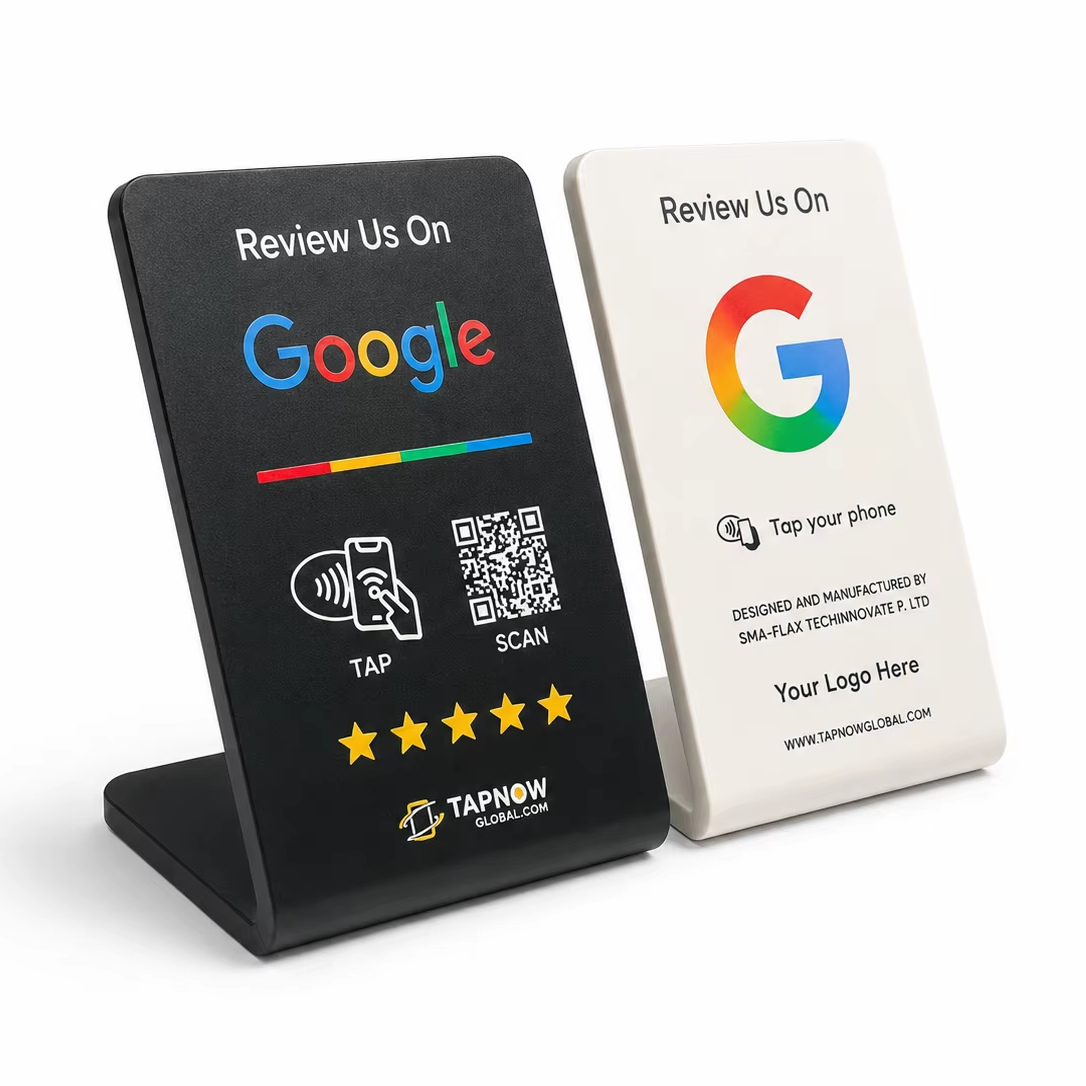 Supplier reference showing black and white angled countertop review stands