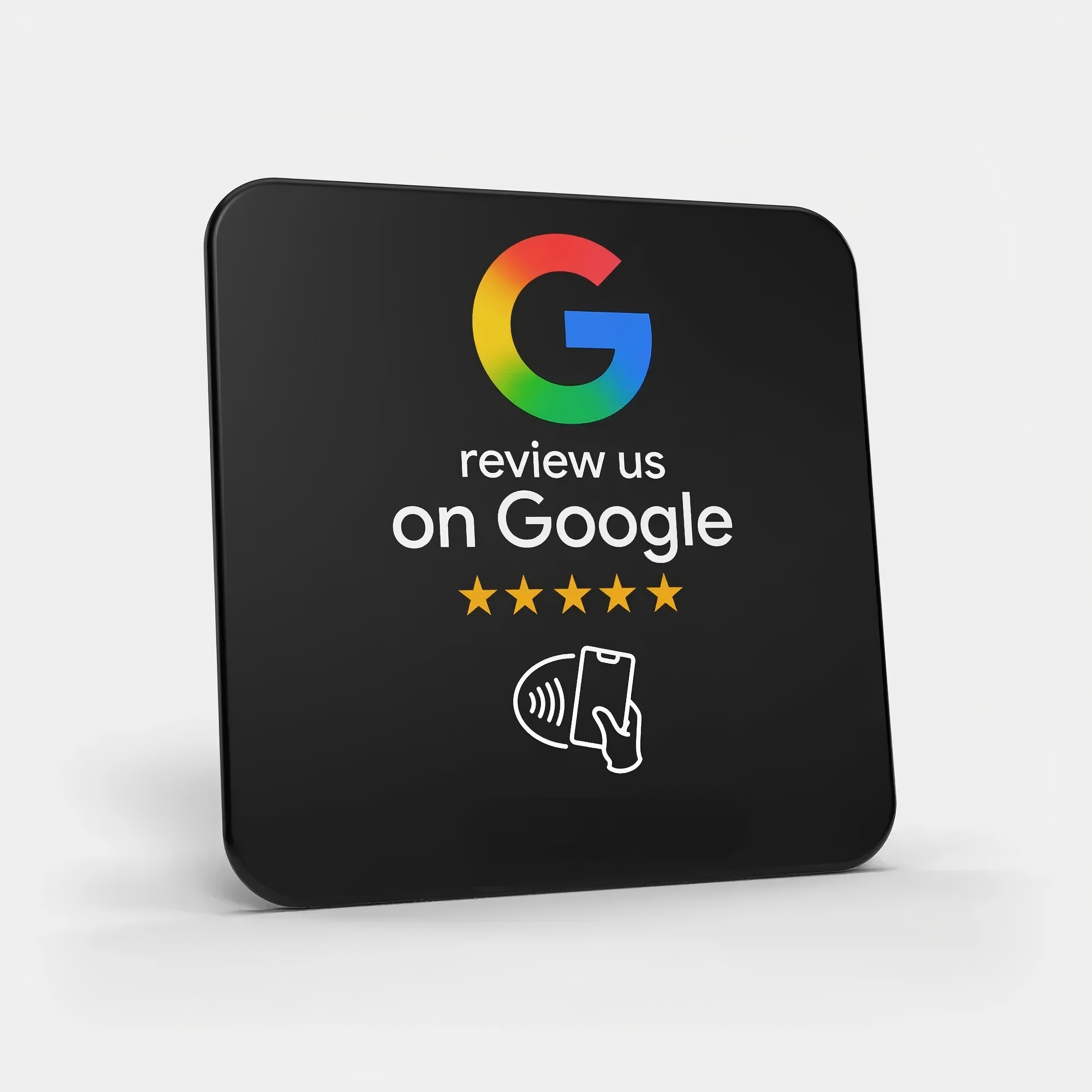 Black square Google review plaque with a tap symbol, matching the owner-confirmed 100 by 100 millimeter format