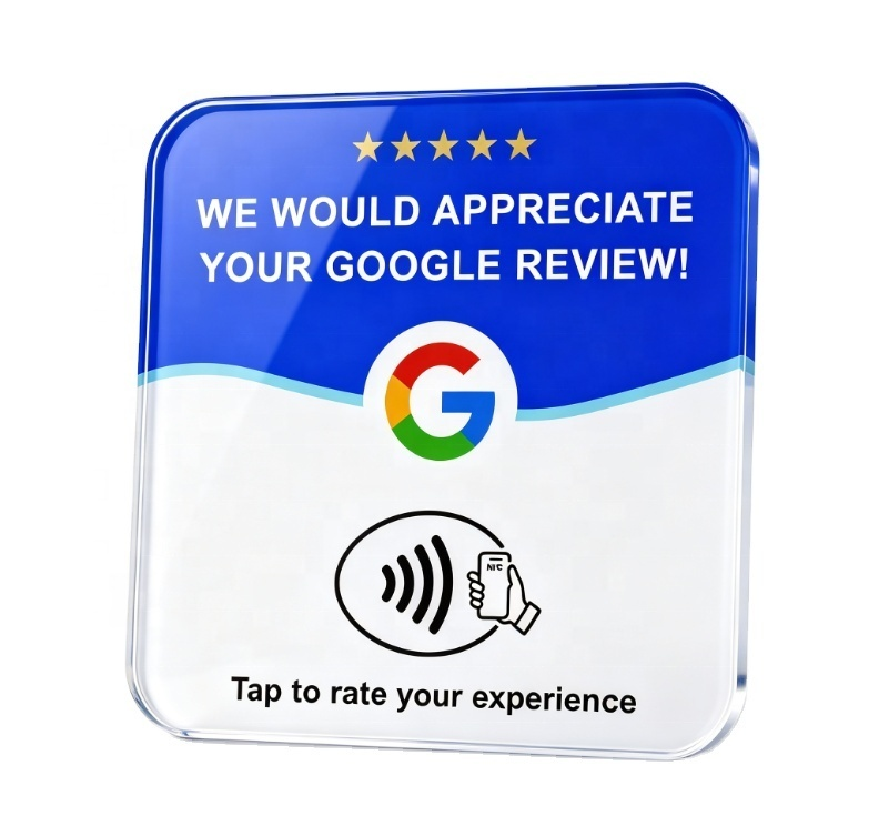 Supplier reference showing a square blue and white tap-to-review plaque